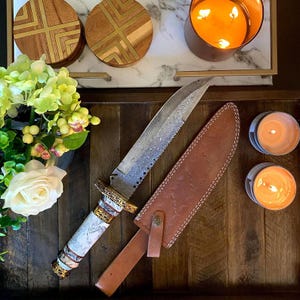 Couteau de chasse damas Bowie Skinner fait main avec manche en micarta et étui en cuir - cadeau de lame de survie en plein air