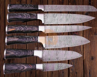 Handgefertigtes Damast Kochmesser Set 6 Teilig mit Holz Griffen & Lederscheide - Küchen Besteck Geschenk