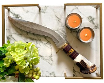 Handmade Damascus Kukri Hunting Knife with Deer Horn Handle & Leather Sheath – Custom Outdoor Survival Blade