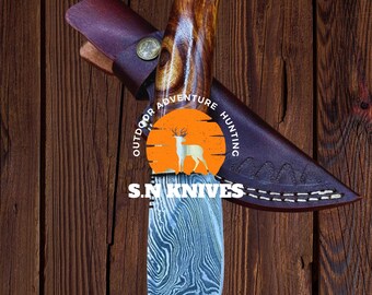 Handmade Damascus Steel Hunting Knife with Wooden Handle | Perfect Gift for Dad, Groomsmen & Wedding Gifts for Him