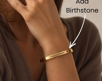 Personalized Engraved Affirmation Cuff Bracelet, Dainty Name Bar Bracelet, Custom Quote Bangle Bracelet, Secret Message Bangle, Gift for Her