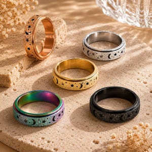 Mond & Sterne Spinner Ring - Beruhigendes Angstband, Fidget Ring zum Stressabbau