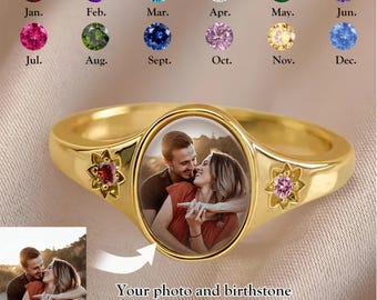 Custom Oval Photo Ring with Birthstone, Personalized Memorial Ring, Picture Engraved Ring | Wedding Gift, Photo Jewelry Keepsake