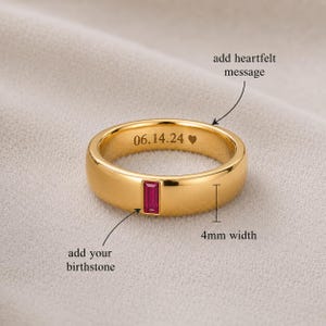 Individuell gestalteter Herrenring mit Baguette-Geburtsstein, vergoldetes Kupferband, personalisiertes Geschenk für ihn, Erinnerungsring