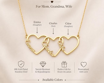 Collar con apellido familiar y corazón, collar con múltiples corazones, joyería con nombres de niños para mamá