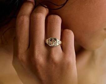 Custom Oval Photo Ring with Birthstone, Personalized Picture Keepsake Jewelry