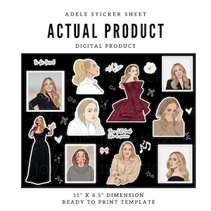 Puede incluir: Una hoja de pegatinas negra con ilustraciones de Adele en varios atuendos y poses. La hoja incluye el texto "ADELE STICKER SHEET", "ACTUAL PRODUCT" y "DIGITAL PRODUCT". Las dimensiones son 27,9 cm x 21,6 cm.