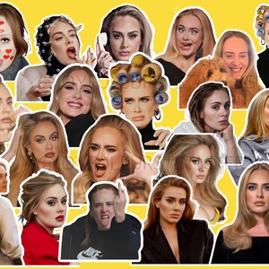 Puede incluir: Un collage de 20 imágenes que muestran a una mujer con diferentes expresiones faciales y peinados. Las imágenes están dispuestas en una cuadrícula y se colocan sobre un fondo amarillo.