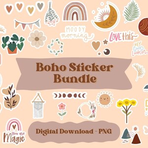 Könnte beinhalten: Ein digitaler Download von 25 Boho-Stickern im PNG-Format. Die Sticker zeigen eine Vielzahl von Designs, darunter Regenbögen, Monde, Sterne, Herzen, Pflanzen und Text. Der Text enthält Sätze wie "Sei positiv", "Stimmungsvolle Morgen", "Liebe das", "Hey, gut aussehend", "Du bist Magie" und "Träume groß".