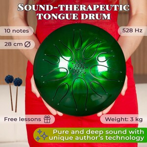 May include: A green tongue drum with 10 notes and a diameter of 28 cm. The drum weighs 3 kg and includes free lessons. The text on the drum says "SOUND-THERAPEUTIC TONGUE DRUM" and "Pure and deep sound with unique author's technology."
