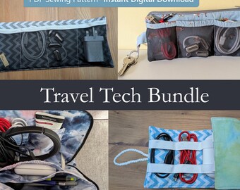 Pacchetto di modelli per organizer tecnologici da viaggio: 4 modelli PDF per custodia compatta per dispositivi tecnologici, organizer per cavi, cartamodello per cucito, fermacavo per caricabatterie, organizer per borsa