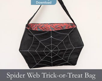 Modello di cucito per borsa "Dolcetto o scherzetto" a forma di ragnatela, modello PDF per Halloween, borsa per caramelle, borsa a tracolla, cestino gotico, facile da cucire per principianti, bambini, ragazzi