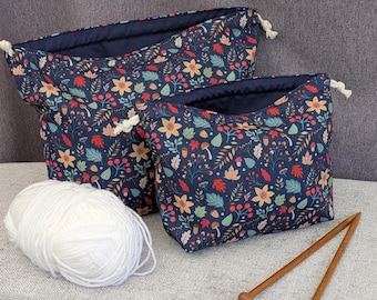 Handmade Knitting Project Bag Flower Print Small Medium Drawstring Crochet Project Bag Navy Woodland Toadstool Mothers Day Gift for Crafter