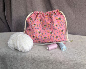 Handmade Knitting Project Bag Pink Bee Print Lined Crochet Project Bag Gift For Knitter Mother's Day Gift Crochet WIP Tote with Drawstring