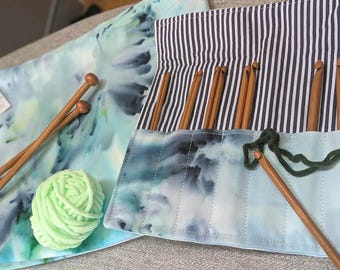 Handmade Crochet Hook Roll Hand Dyed Blue Green Crochet Hook case Cotton Canvas with Elastic loop closure and Navy Striped Lining