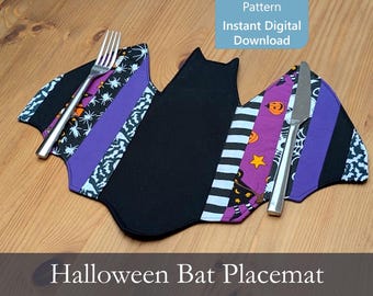 Modello di cucito PDF per tovaglietta di Halloween con pipistrello e ritagli di stoffa, progetti di cucito per principianti, decorazione per la tavola di Halloween, centrotavola spettrale