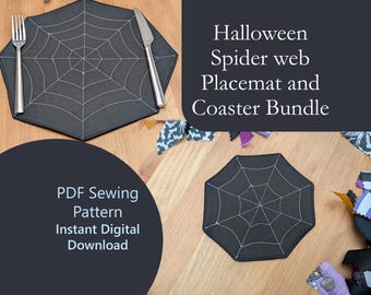 Pacchetto di modelli di cucito per Halloween: 2 modelli per set di tovagliette e sottobicchieri a ragnatela, centrotavola, stoviglie di Halloween, decorazioni per feste, facili e veloci.