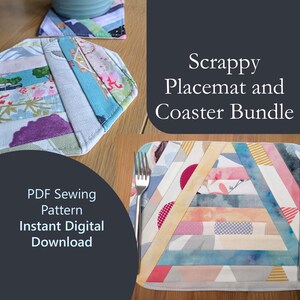 May include: A scrappy placemat and coaster bundle featuring a patchwork design of multicolored fabric strips. The placemat is rectangular with rounded corners, while the coaster is hexagonal. Text reads: Scrappy Placemat and Coaster Bundle.