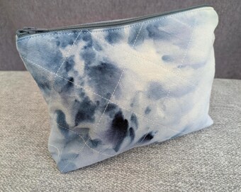 Hand Dyed Hand Make Quilted Make Up Bag Cosmetics Pouch with Zip Unique Beauty Bag One of a Kind Blue Pink lined Tie Dye Teen Gift Her