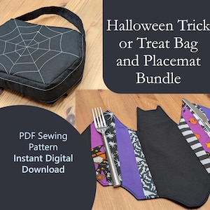 Può includere: Una borsa in tessuto nero con stampa a ragnatela bianca e una tovaglietta a forma di pipistrello con motivi di Halloween viola, neri e arancioni. Testo: Halloween Trick or Treat Bag and Placemat Bundle. PDF Sewing Pattern Instant Digital Download.