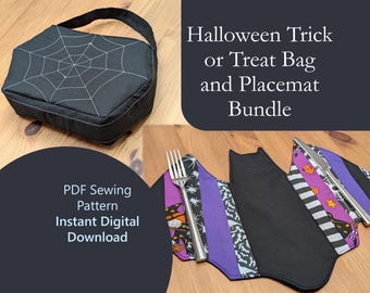 Pacchetto di modelli di cucito per Halloween: 2 modelli Borsa per dolcetto o scherzetto a ragnatela e tovaglietta a forma di pipistrello con ritagli di stoffa Stoviglie per feste Accessori per costumi Ritagli di stoffa
