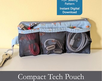 Modello di cucito per custodia tecnica compatta in PDF, organizer per cavi, portachiavi, portapenne, organizer con cerniera, cucito per principianti per lui o lei