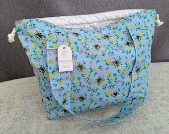 Handmade Blue Bee Print Project Bag Drawstring Knitting Bag with handles Crochet Project Bag gift for knitters flower print