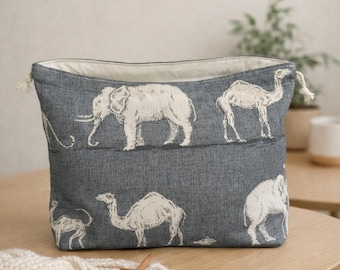 Drawstring Project Bag  in grey animal print Lined Fabric Knitting Project Bag Crochet project bag craft bag Medium elephant gift for her