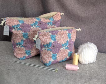 Handmade Knitting Project Bag Flower Print Small Medium Drawstring Crochet Project Bag Purple Flowers Mothers Day Gift for Crafter