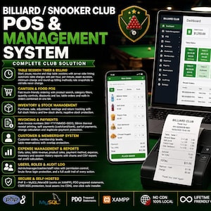May include: A digital management system for snooker clubs displayed on a laptop and smartphone, featuring a dashboard, receipt printer with a printed bill, and a list of software features including table timers, inventory, and POS functionality.