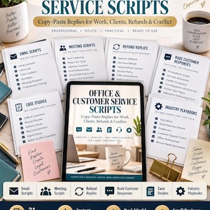 May include: A collection of Office & Customer Service Scripts featuring copy-paste replies for work, clients, refunds, and conflict. The set includes printed cards for email, meetings, refunds, rude customer responses, case studies, and industry playbooks.