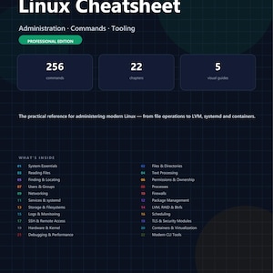 May include: A dark blue Linux Cheatsheet reference guide featuring the text Professional Reference Series, Linux Cheatsheet, Administration, Commands, Tooling, Professional Edition, 256 commands, 22 chapters, 5 visual guides, and a list of 22 topics.