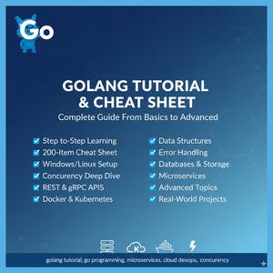 Op de afbeelding: Een blauw-witte afbeelding die een Golang-tutorial en cheat sheet promoot. De tekst bevat "GOLANG TUTORIAL & CHEAT SHEET" en vermeldt onderwerpen als "Data Structures" en "Microservices". Een cartoonmascotte staat in de linkerbovenhoek.
