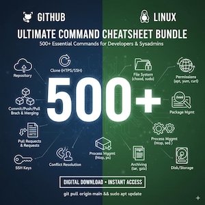 Könnte beinhalten: Digitaler Download-Grafik mit den Logos von GitHub und Linux. Der Text lautet "ULTIMATE COMMAND CHEATSHEET BUNDLE" und "500+ Essential Commands for Developers & Sysadmins." Symbole und Text beschreiben Befehle für Entwickler.