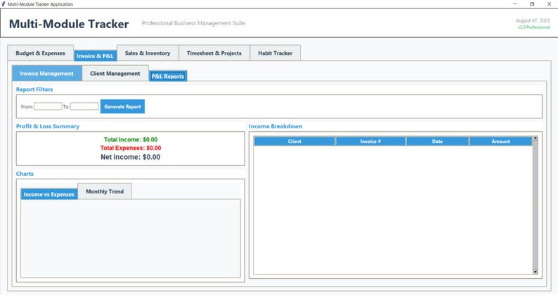 May include: Screenshot of the Multi-Module Tracker application interface. The interface features tabs for Budget & Expenses, Invoice & P&L, Sales & Inventory, Timesheet & Projects, and Habit Tracker. The Invoice & P&L tab is highlighted. The interface displays report filters and a profit & loss summary.