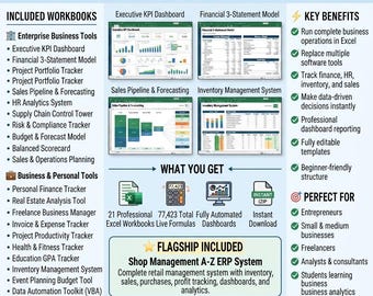 Excel Business Bundle | 21 Excel Templates | KPI Dashboard, Finance, HR, Inventory, Budget, ERP, Project Tracker, Small Business
