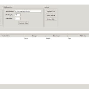 Pode incluir: Captura de tela de uma interface de software com detalhes do produto, geração de SKU e botões de ação. A interface exibe campos para nome do produto, categoria e atributos. Uma tabela mostra dados de SKU, nome do produto, categoria e carimbo de data/hora.