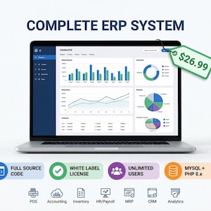 May include: A laptop displaying a Complete ERP System interface with charts and graphs. The screen shows data visualizations, including bar graphs and pie charts. The image includes the text "EXCLUSIVE ON ETSY" and "COMPLETE ERP SYSTEM".
