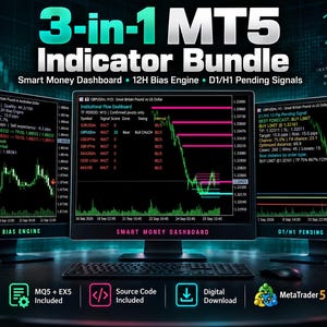 Könnte beinhalten: Ein digitales 3-in-1 MT5 Indikator-Paket auf drei Computermonitoren. Die Bildschirme zeigen Finanzhandelsdiagramme, ein Smart Money Dashboard, eine 12H Bias Engine und D1/H1 Pending Signals mit grünem und rotem Datentext.