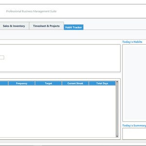 May include: Screenshot of the Multi-Module Tracker application interface. The interface is primarily white and blue, with tabs for various functions like Budget & Expenses, Invoice & P&L, and Habit Tracker. The Habit Tracker section includes fields for habit details and a summary.
