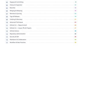 May include: A GitHub Cheatsheet reference page titled What you will find in this reference, listing seventeen numbered sections from Setup & Configuration to Workflow & Best Practices, with corresponding page numbers ranging from 6 to 38.