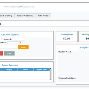 May include: Screenshot of the Multi-Module Tracker application interface. The software features tabs for Budget & Expenses, Invoice & P&L, Sales & Inventory, Timesheet & Projects, and Habit Tracker. The Budget & Expense Tracker section includes fields for adding expenses and viewing recent expenses.