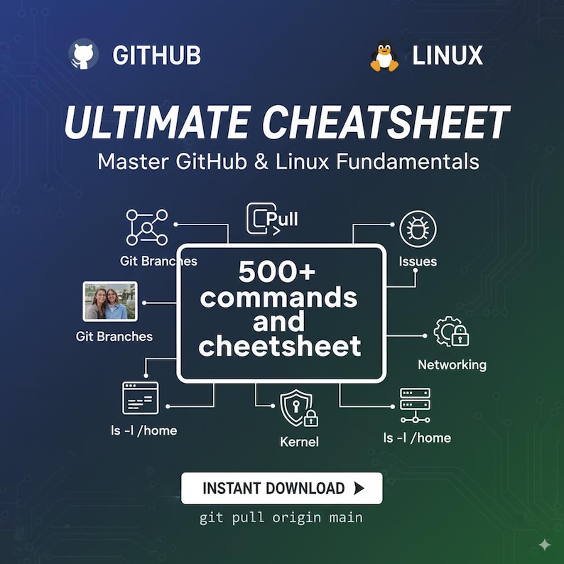 Peut inclure: Infographie num&eacute;rique sur fond d&eacute;grad&eacute; bleu fonc&eacute; et vert. Le texte indique "ULTIMATE CHEATSHEET" et "Master GitHub & Linux Fundamentals". Elle comprend des sch&eacute;mas et le texte "500+ commandes et feuille de triche".