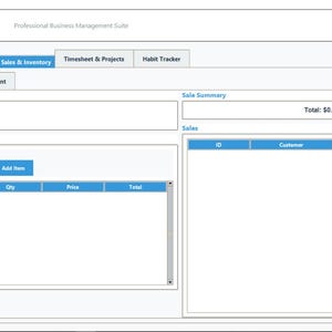 May include: A screenshot of the Multi-Module Tracker application. The interface is primarily white and light blue, with tabs for Budget & Expenses, Sales & Inventory, and more. The Sales & Inventory section includes fields for customer details and sale items.