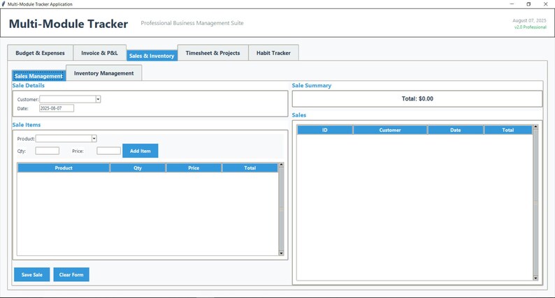 May include: A screenshot of the Multi-Module Tracker application. The interface is primarily white and light blue, with tabs for Budget & Expenses, Sales & Inventory, and more. The Sales & Inventory section includes fields for customer details and sale items.