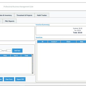 May include: Screenshot of the Multi-Module Tracker application interface. The software features tabs for Budget & Expenses, Invoice & P&L, Sales & Inventory, Timesheet & Projects, and Habit Tracker. The Invoice & P&L section is highlighted, with fields for invoice details and a summary.