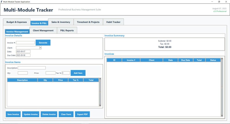 May include: Screenshot of the Multi-Module Tracker application interface. The software features tabs for Budget & Expenses, Invoice & P&L, Sales & Inventory, Timesheet & Projects, and Habit Tracker. The Invoice & P&L section is highlighted, with fields for invoice details and a summary.