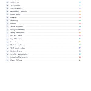 May include: A Linux Cheatsheet table of contents page listing 22 topics including System Essentials, Files & Directories, Networking, and Hardware & Kernel. Each entry is numbered and paired with a corresponding page number on the right side.