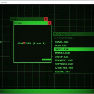 Puede incluir: Pantalla de ordenador retro verde mostrando un mensaje de 'Game Over' para Snake. Un explorador de archivos lista opciones de juegos como Mines y Tetris. La interfaz tiene una estética vintage, con una cuadrícula de fondo.