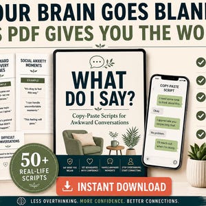 Op de afbeelding: Een digitale productweergave met een tablet en smartphone die de titel WHAT DO I SAY? Copy-Paste Scripts for Awkward Conversations toont. Bevat printbare kaarten met tekstvoorbeelden, een lijst met scriptcategorieën en een downloadknop.